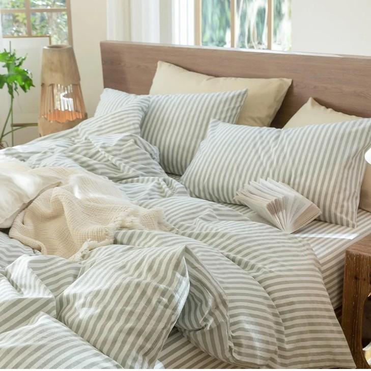 MooMee Bedding Pillowcases Striped Pack of 2 And Duvet cover 100% Washed Cotton Linen Like Textured Breathable Durable Soft Comfy (Sage Green White Classic Stripes, Queen)