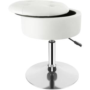 Vanity Stool with Storage, Makeup Room Seat Chair, Adjustable Height 17.9" to 24.4", PU Leather Round Vanity Chair with Removable Tray, Bathroom, Bedroom, Office, 360 Swivel Stool, White