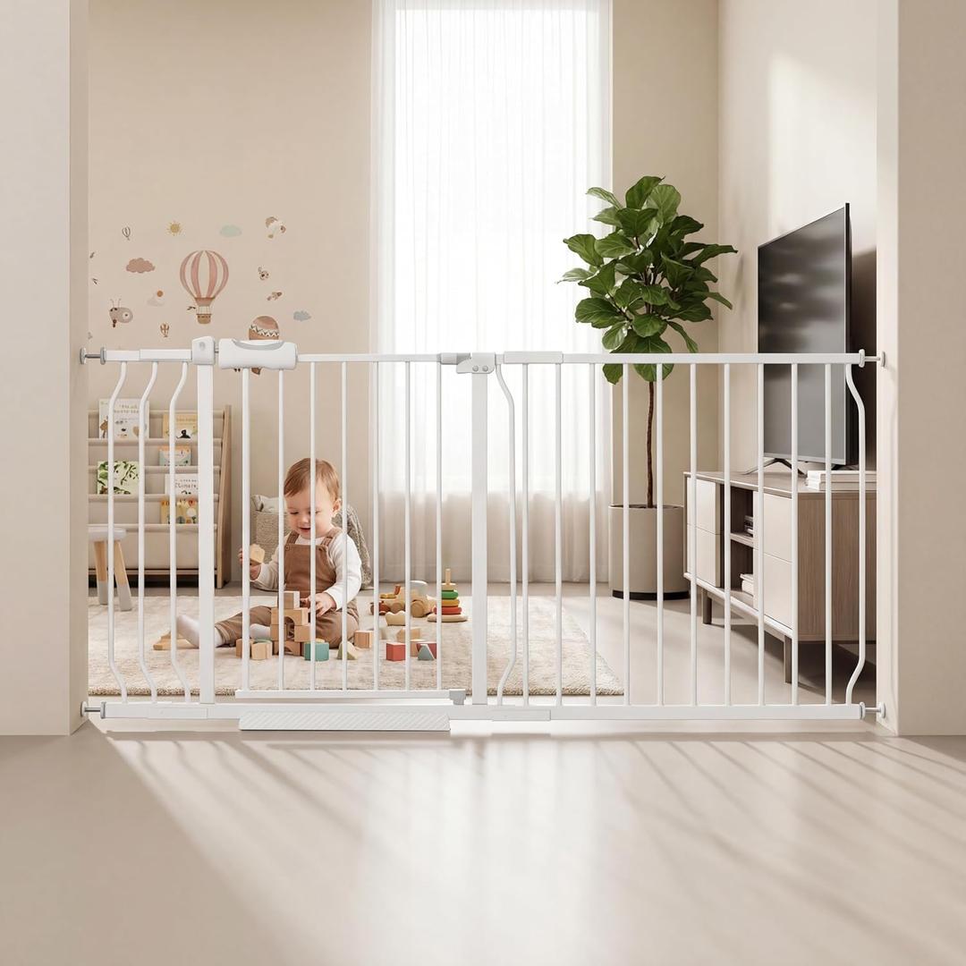 Extra Wide Baby Gate for Doorways Stairs Living Room Pressure Monuted Walk Through Safety Gate for Kids or Pets Dogs 62 Inch to 67 Inch Wide with Extensions