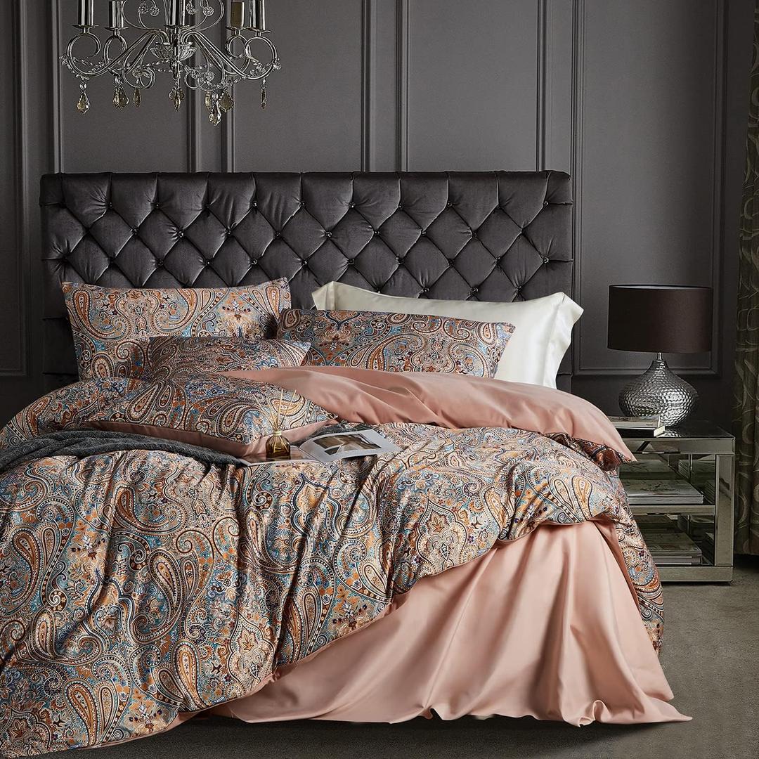 Gold Duvet Cover Set,5 PCS Medallion Paisley Print Comforter Cover Set,Bohemian Pattern Bedding Set,Vintage Style Flower Duvet Cover,Soft Reversible Design(Paisley,King/California King)