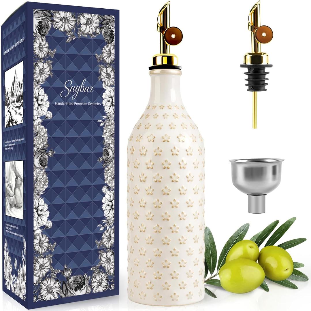 Ceramic Olive Oil Dispenser Bottle for Kitchen with Gravity Spout, 19 oz Opaque Relief Oil Cruet with Funnel, Oil Container for EVOO, Vinegar, and Soy Sauce (Petal Design)