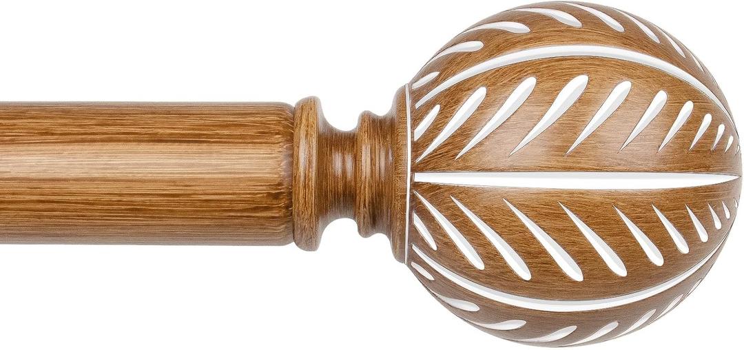 KAMANINA Wood Curtain Rods for Windows 66 to 120 Inch(5.5-10ft), 1 Inch Adjustable Drapery Rod, Decorative Heavy Duty Curtain Rods with Leaf Pattern Finials, Wood Grain