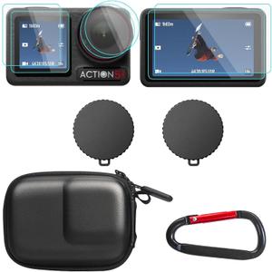 OSMO Action 5 Pro Accessories, PU Portable Mini Carrying Bag Case, Lens Screen Protectors (6 Pack) Comatible with DJI Osmo Action 5 Pro, Rubber Lens Cap Cover for DJI Action Camera