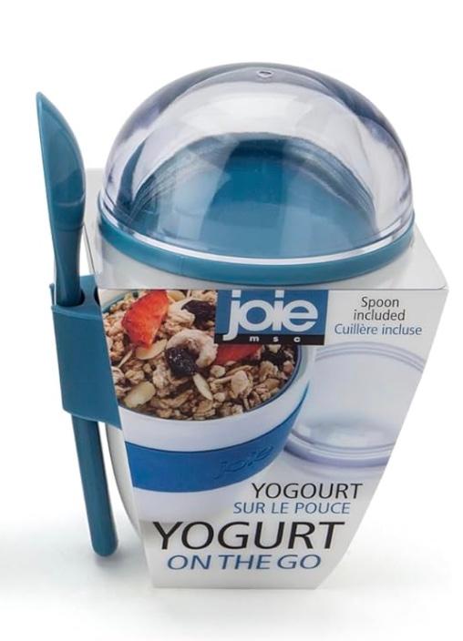 Joie Yogurt On The Go Portable Cup with Snap-On Spoon, Reusable Container with Separate Compartment for Granola, Durable and Leakproof, BPA-Free, Great for Lunches or Backpacks, Colors May Vary