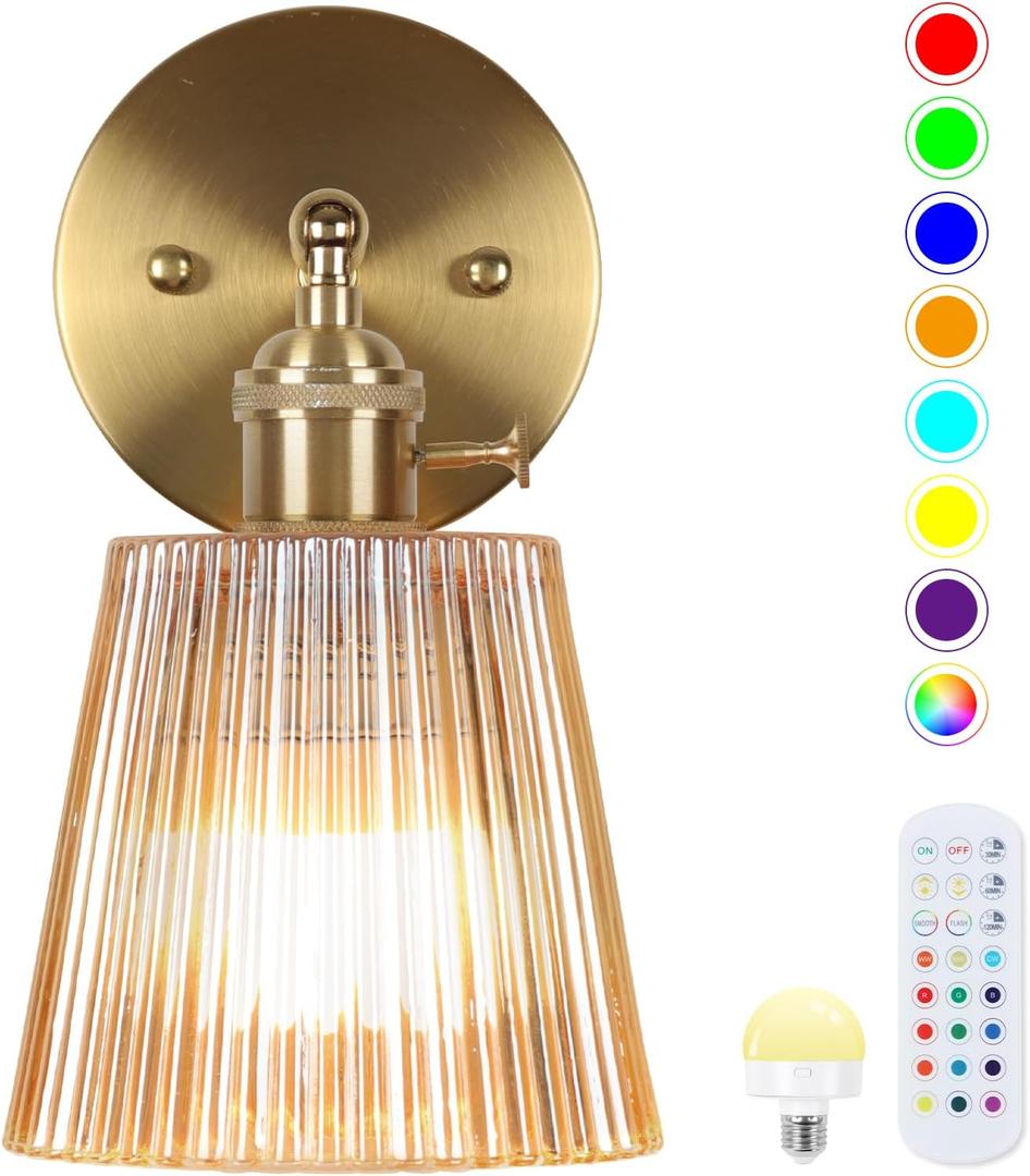 Battery Operated Wall Sconce,Vintage Battery Wall Light With Remote Dimmable Wireless Wall Sconces With Glass Lampshade Rechargeable, Led Wall Lamp Fixtures For Bedroom, Living Room (Stripe Amber)