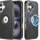 KECAKE for iPhone 16 6.1 Inch Case Luxury Leather Logo Visible Vintage Ultra Slim Protective Cover (Black with Black Trim)