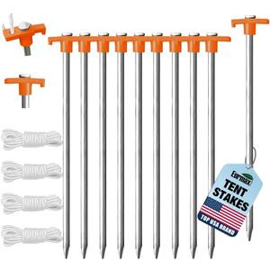 Eurmax USA Galvanized Non-Rust Camping Family Tent Pop Up Tent Stakes Canopy Anchors Heavy Duty 10pc-Pack, with 4x10ft Ropes & 1 Orange Stopper
