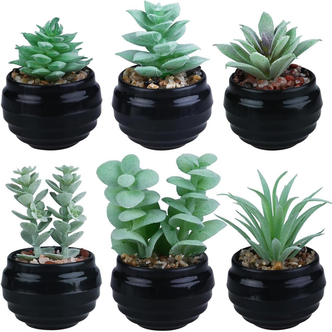 GREENTIME 6 Pcs Green Artificial Succulent Plants in Black Plastic Pots Mini Faux Succulent Plants Indoor Room Decor Aesthetic Bedroom Shelf Desk Bathroom Office Table Teacher Appreciation