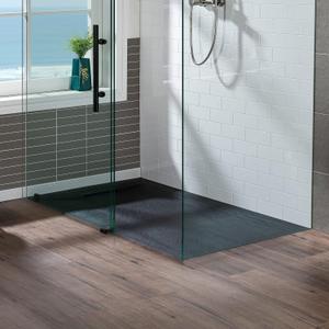 WOODBRIDGE 60 in L x 35.4 in W Zero Threshold Shower Base with Reversible Drain Placement, Matching Decorative Drain Plate and Tile Flange, Wheel Chair Access, Low Profile, Black