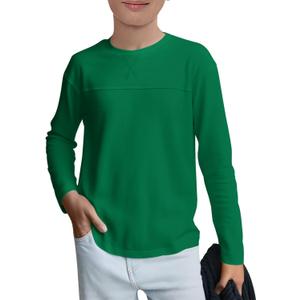 Haloumoning Kids Boys Casual T Shirts Long Sleeve Crewneck Loose Fit Tops Basic Tees (Green, 13-14 Years)