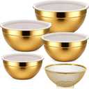 Gold Mixing Bowls with Lids Set, 4pcs Gold Stainless Steel Nesting Salad Mixing Bowls with Lid, Large Golds Strainer Basket 1.5, 2.0, 2.5, 4.0 Qt for Mixings Serving Food