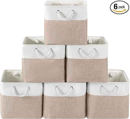 13 x 13 Inch Cube Storage Bins, 6 Pack Fabric Storage Basket with Handles, Foldable Boxes Organizer for Shelf Baskets for Home, Clothes (White/Pink)