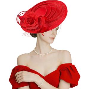 Kidukso Women's Fascinators Hat for Derby Hat Vintage 1920s Hat Headwear for Wedding Cocktail Tea Party Church (Red)