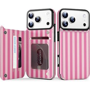 for iPhone 17 Pro Wallet Case with Card Holder, Military-Grade Drop Protection, Flip PU Leather Built, Double Magnetic Clasp and Durable Shockproof for iP17 Pro 6.3Inch Cover-Stripes (Pink)