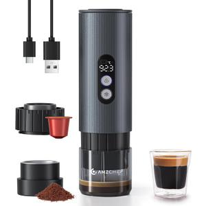 AMZCHEF Portable Coffee Maker Rechargeable w/ 9000mAh Battery, 2-in-1 Travel Espresso Maker for Ground/NS Capsules, Car Espresso Machine Self-Heating for Camping, RV, Hiking, Office, Aluminum