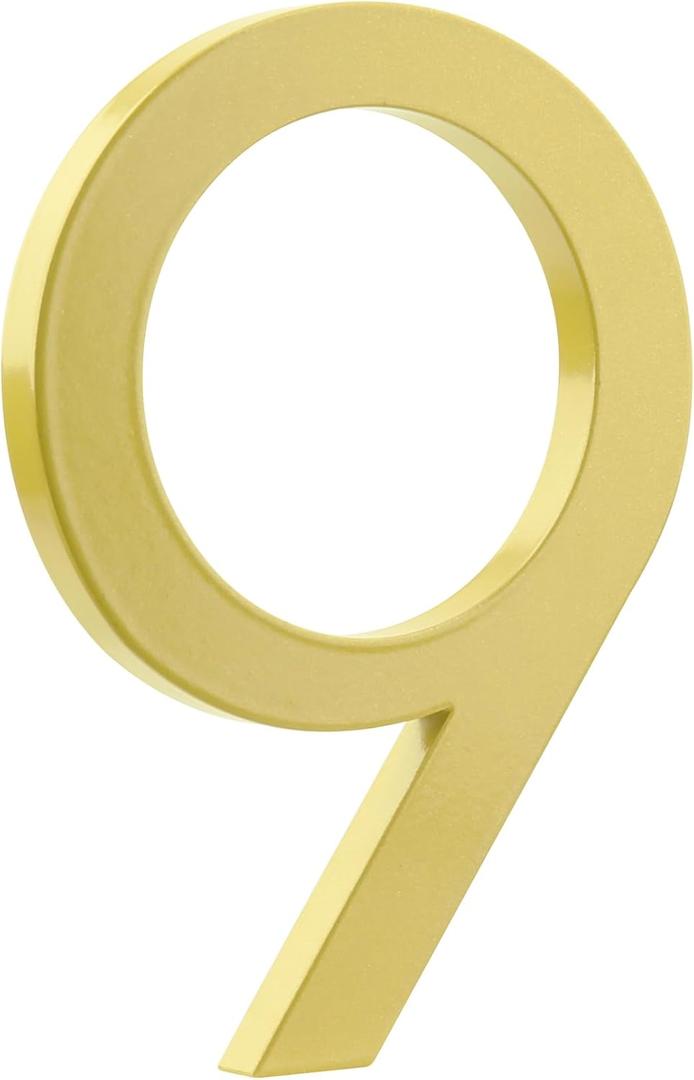 HASWARE Floating House Number 6 inch Stylish Door Numbers Alphabet Plaque Street Home Address Numerals (Golden, 9)