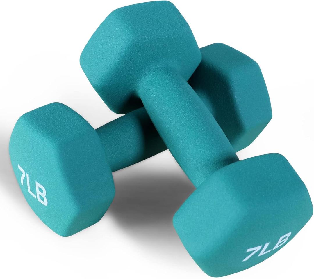 Fitvids Neoprene Dumbbell Hand Weights, Anti-Slip, Anti-roll, Hex Shape Colorful, Pair or Set with Stand, 7LB