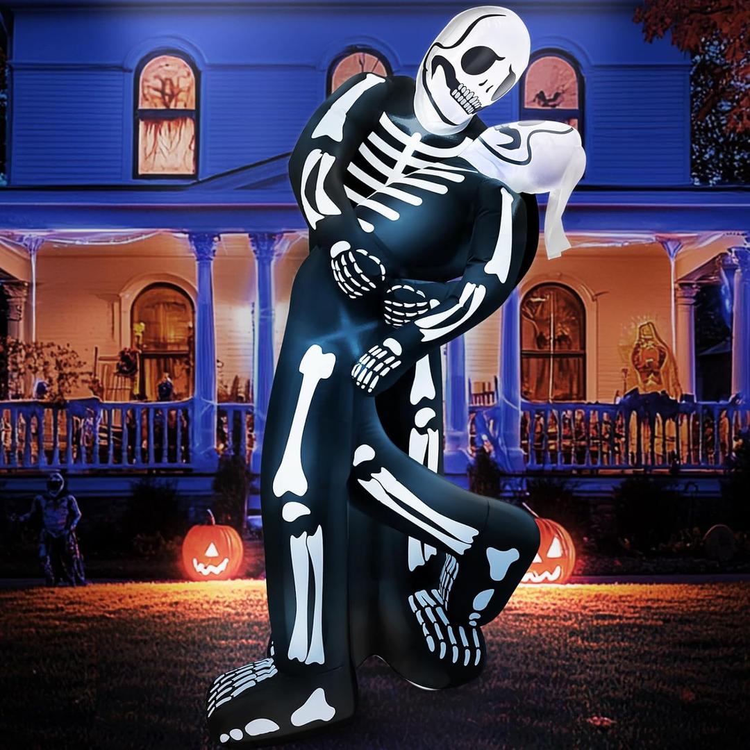6 Ft Halloween Inflatable Outdoor Decoration, Skeleton Blow up LoveBugs Embrace Kiss Built in LED Lights, Halloween Skeleton Lover Decor for Yard Garden Lawn