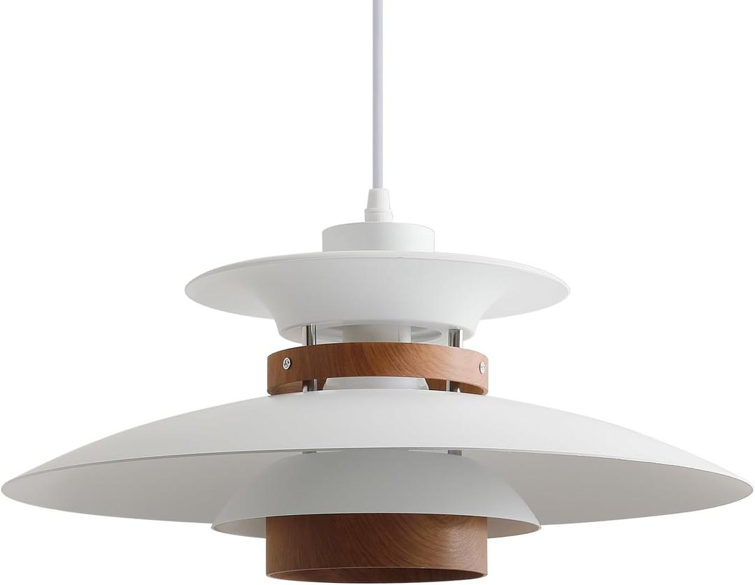 Modern Decor Adjustable Pendant Lamp Kitchen Island, Aluminum and Wood Finish,1-Light E26 Base Ceiling Hanging Light for Dining Room Shop Restaurant (White+Dark Wood Grain, 35cm)