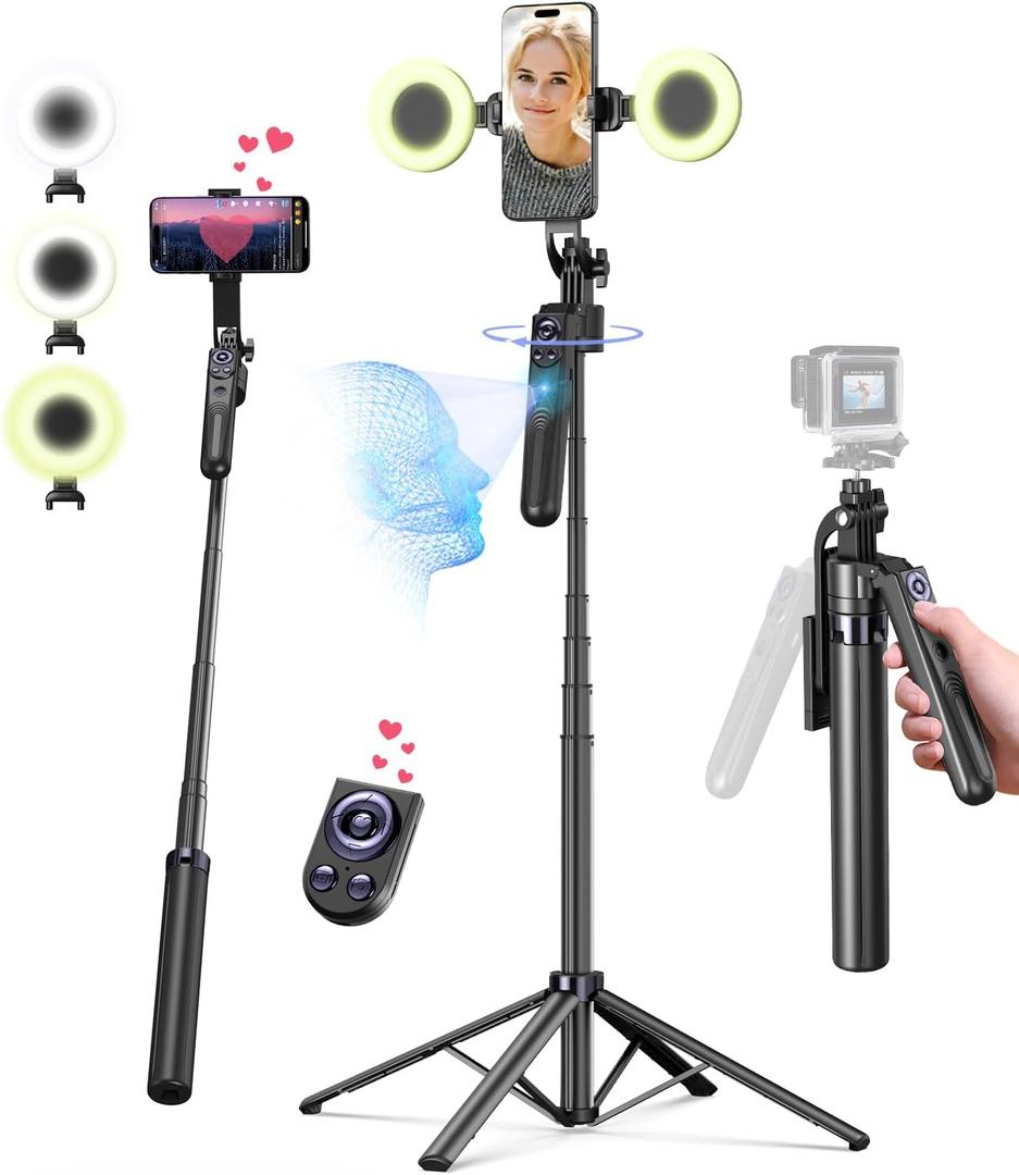 71 Auto Face Tracking Tripod for iPhone with Light,360 Rotating Phone Stand with Rechargeable Remote Control for TikTok Vlog Video Recording, Phone Tripod for Android Camera/GoPro/Ring Light