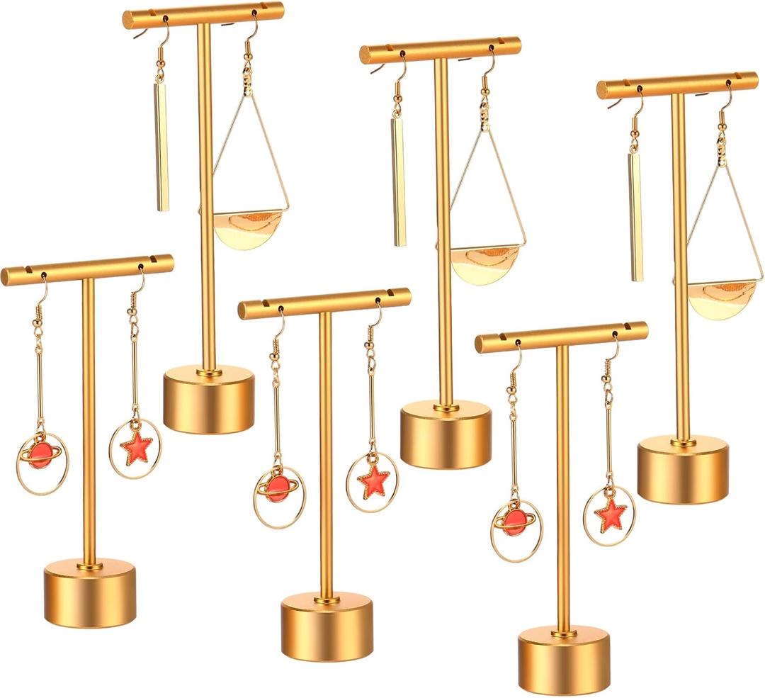 Kigeli 6 Pack Metal T-Bar Earring Display Stand Retail Earring Display Holder Detachable Jewelry Storage Rack for Selling Photography Prop (Gold)