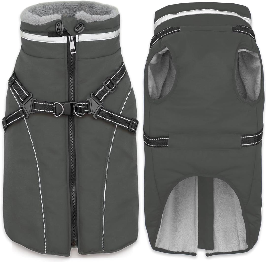 Fragralley Dog Coat with Harness Built in, Waterproof Windproof Reflective Warm Puffer Jacket, Fleece Lined Vest Winter Parka for Small, Medium, Large Dogs (Grey)