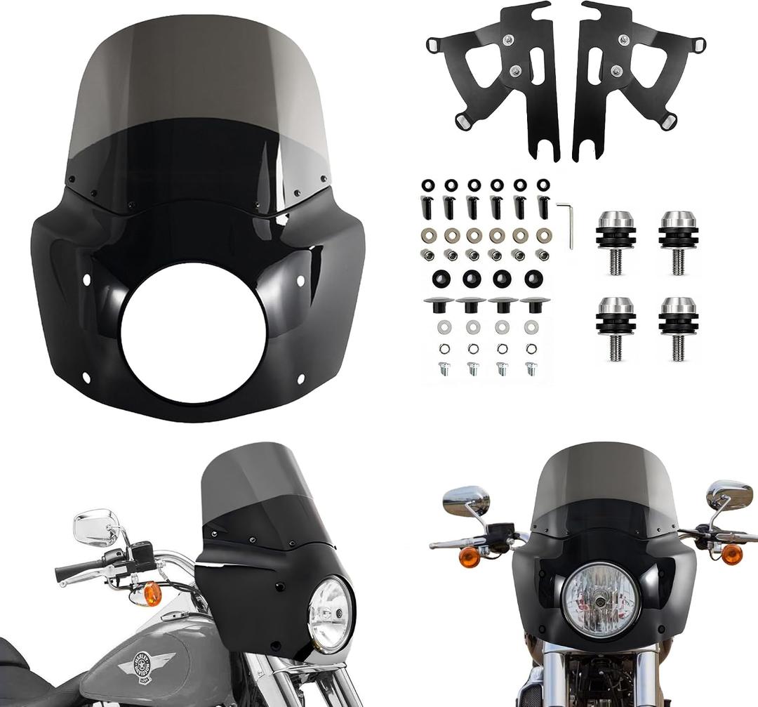 Club Style Front Fairing w/ 11" Windshield for Harley Softail | Fits 7" Headlight, Motorcycle Headlamp Cowl Kit w Mounting Hardware For 2000-2017 Harley Fat Boy FLSTF, Slim FLS