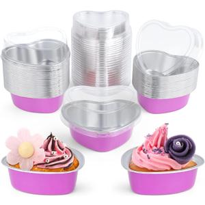 ELECLAND 50Set Pink Heart Cake Pans 3.4oz Aluminum Foil Heart Shaped Cake Pan with Lids Dessert Baking Cup Liners Cupcake Containers for Valentines Wedding Christmas Birthday Mother's Day Party Decor