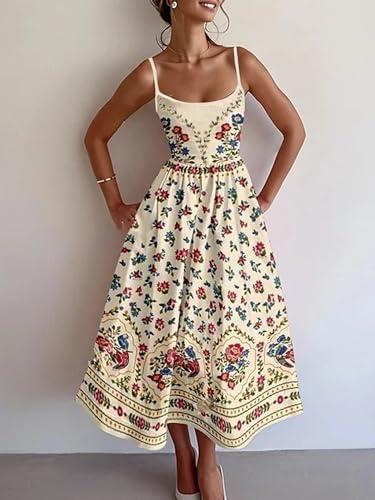 Women's Boho Floral Print Spaghetti Strap Pocket Midi Dress Casual Summer Dress, Size M