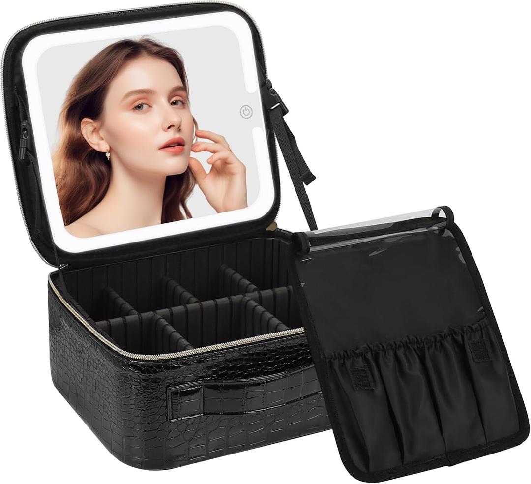 Chomeiu Makeup Bag with LED Mirror, Travel Makeup Case for Women and Makeup Artists Cosmetic Organizer Large Make Up Bags with Light Up Mirror, 3 Color Lights, Adjustable Dividers, Crocodile Pattern, Size - Standard