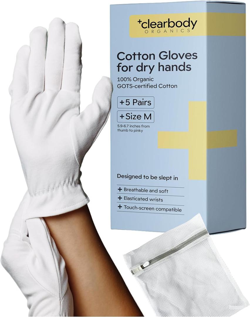Clearbody Organics 100% Organic Cotton Gloves - 5 Pairs of White Gloves, M - Hand Moisturizer - Sleeping Mitts for Dry Hands - Washable Cotton Liners for Men & Women
