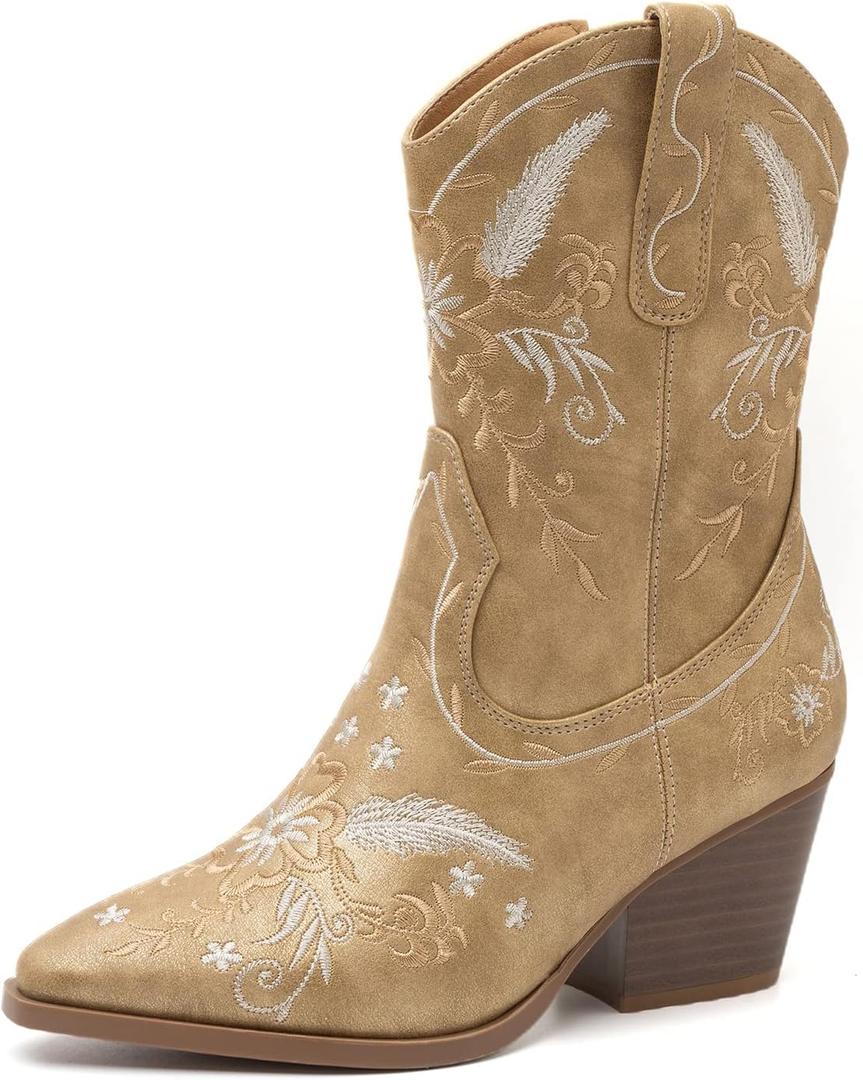 ANJOUFEMME Western Women's Cowboy Cowgirl Boots,Embroidered Round-toe Mid-calf Boots (7.5, Gold)