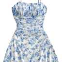 WDIRARA Women's Floral Print Ruched Cami Dress Spaghetti Strap Ruffle Hem Mesh Mini Dress (A Blue and White, XXL)