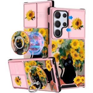 Buleens for Samsung Galaxy S23 Ultra Case - with Ring Stand & Camera Cover Aesthetic Cute Designed S23 Ultra Case Women Girls Girly Cat Sunflower for Samsung S23 Ultra Case Compatible with Magsafe