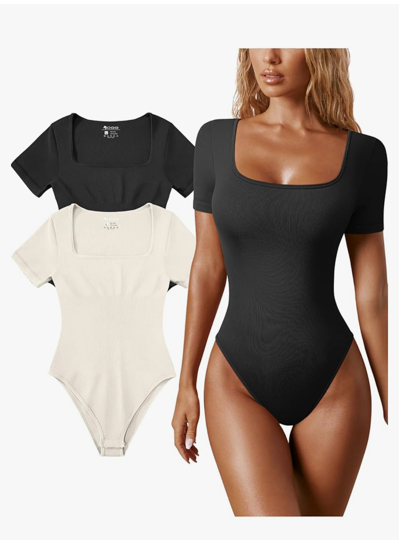Women's 2 Piece Bodysuits Sexy Ribbed One Piece Square Neck Short Sleeve Bodysuits Size L