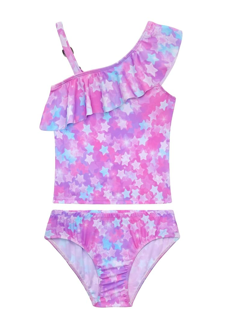 Girls Tankini Swimsuit Two Piece Bathing Suit Colorful Toddler Kids Ruffle Swimwear Adjustable Strap Summer Beach 4-5 Years