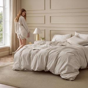 Bedsure 100% Washed Cotton Duvet Cover Twin Size - Linen Color Minimalist Bedding Set Linen Like - PureWoven Plain Simple & Soft Comforter Cover for All Seasons (Twin, 68"x90")