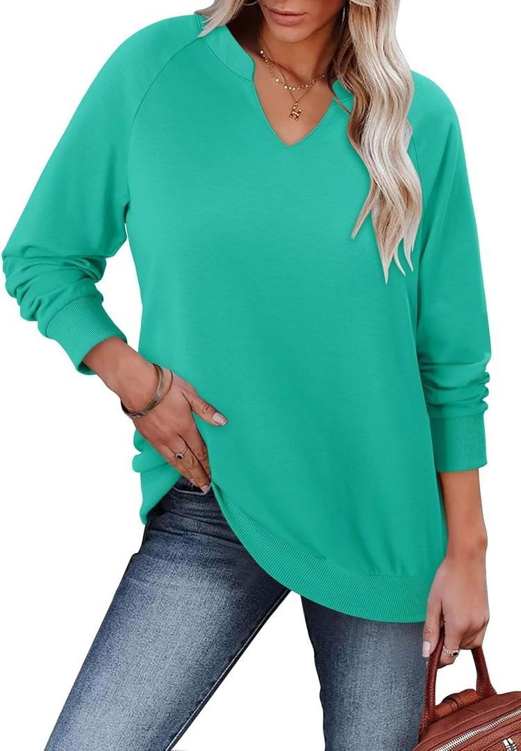 StunShow Women Sweatshirts Long Sleeve Shirts V Neck Casual Cute Loose Fit Lightweight Pullover Tops (Small, 1a Turquoise)