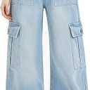 EXARUS Girls Cargo Jeans Wide Leg Baggy Tween Pants Elastic Waist Pockets | Teen Denim Hiking Pants High Rise Elastic Waist Straight Leg Loose Trousers Pockets Kids Youth Junior Casual 8-14Y (Blue)
