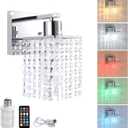 Crystal Battery Operated Wall Sconce, Rechargeable Wall Lamp with 5200mAh Battery & Remote Control, Modern Dimmable Wireless Wall Lights Fixture for Bedroom Bathroom (Clear, Silver Base)