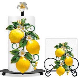 Shellwei 2 Pcs Lemon Paper Towel Holder with Round Base Lemon Bathroom Kitchen Decor Summer Yellow Rustic Napkin Holder Set for Tables Home Bathroom Kitchen Countertop Accessories Party Favor Gifts