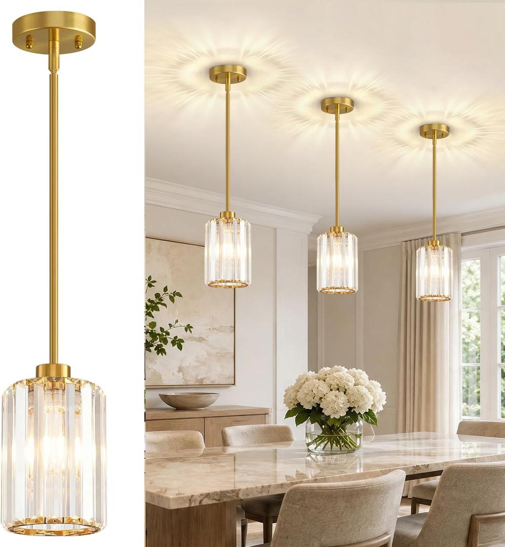 3 Pack Brushed Gold Pendant Lights Kitchen Island, Modern Crystal Chandelier Kitchen Pendant Lighting Over Island, Adjustable Hanging Mini Light Fixtures for Dining Room Hallway Corridor Bedroom