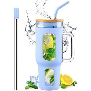 WINSA Glass Tumbler with Lid and Straw, 46 oz Iced Coffee Cup with Handle, Large Water Bottles with Silicone Sleeve, Glass Cup with Straws - Pearl Straw & Drinking Straw BPA Free-Glacier