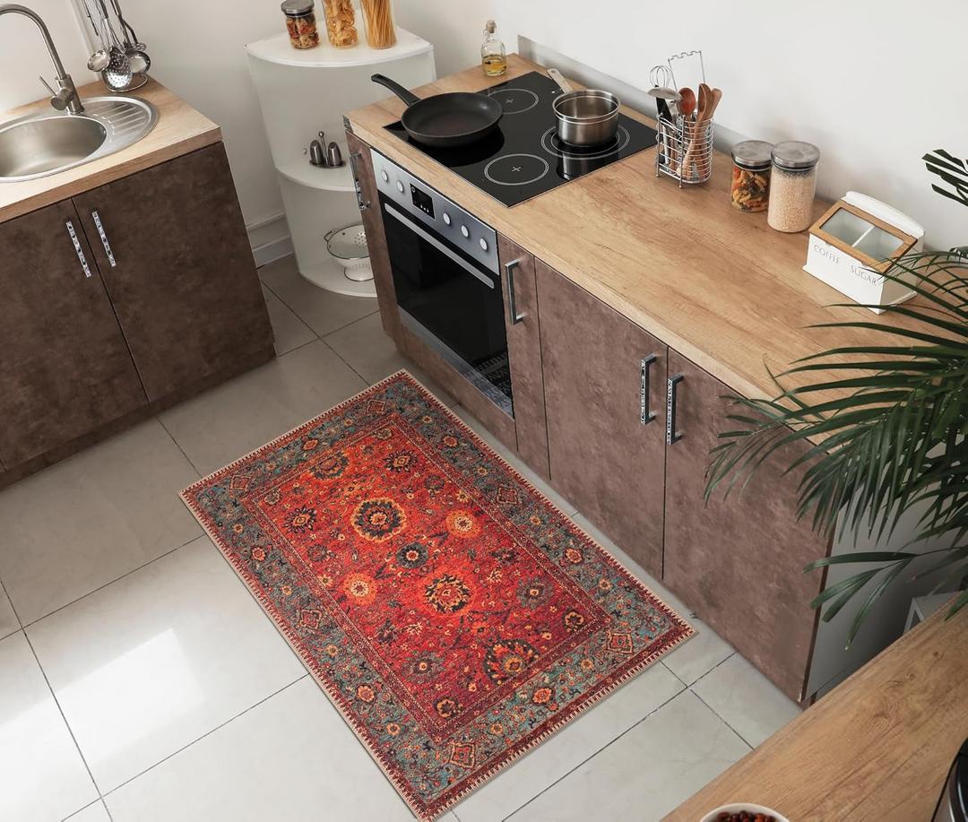 Keen Home Design 2x3 Rug - Machine Washable Entry Rug with Non-Slip Backing, Ideal for Enteryway, Kitchen, Bathroom, Laundry Room - Vintage, Easy Clean, Durable, Low Pile Rug - (2' x 3') (Red / Turquoise Blue)