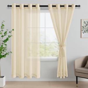 JIUZHEN Semi Sheer Curtains for Living Room - 72 inches Long with Tiebacks Light Filtering Grommet Window Curtains for Balcony/Office, 52Wx 72L, Set of 2 Panels,Beige
