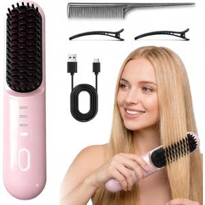 Go Brush - Pro for Short Hair - 2026 Upgraded Cordless Straightening Brush with 30s Fast Heat, 4 Temperature Settings, Ionic & Ceramic Care, 4000mAh USB-C Rechargeable for Frizz-Free Styling (Pink)