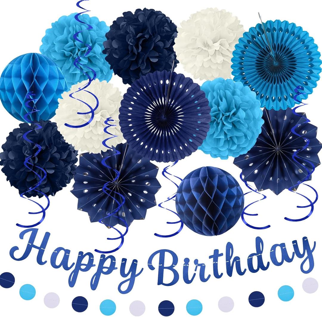 Birthday Decorations, Navy Blue Party Decorations for Boys Men - 20pcs Paper Pompoms Fan, Streamers, Lanterns,Garland, Happy Birthday Banner for BDAY Party Backdrop Decor