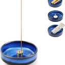 Blue Ceramic Incense Holder 4.5", 9-Hole Brass Base Multi-Functional Incense Burner & Tray, Fits Sticks/Sage/Palo Santo/Candles/Cones,for Meditation/Yoga/Energy Cleansing
