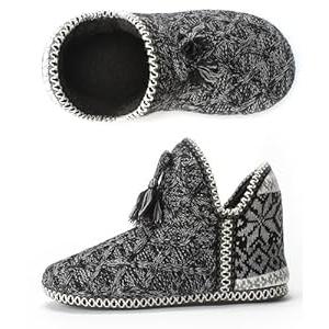 Women's Cozy Knit Slipper Boots Memory Foam Non-slip Indoor Outdoor Warm House Booties (Black) 38/39