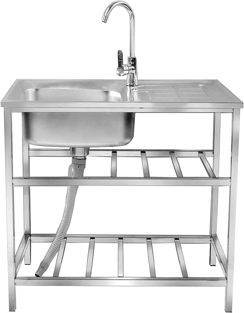 Outdoor Utility Sink,Free Standing Stainless Steel Laundry Tub, Single Bowl Portable Washing Hand Basin Station,with Cleaning Table&Storage Shelves for Garage, Restaurant, Kitchen,Camping, Backyard  